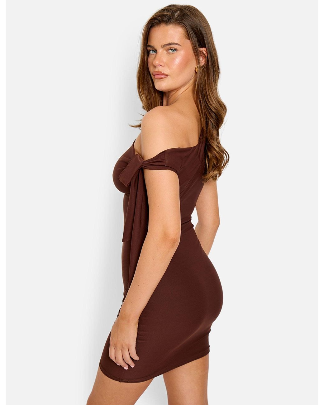 Public Desire Red Knot Detail Asymmetric One Shoulder Luxe Slinky Mini Dress Chocolate
