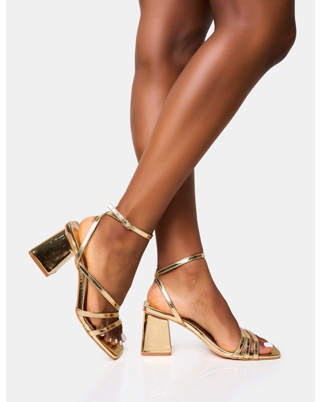 Public Desire Brown Robin Gold Strappy Square Toe Mid Block Heels