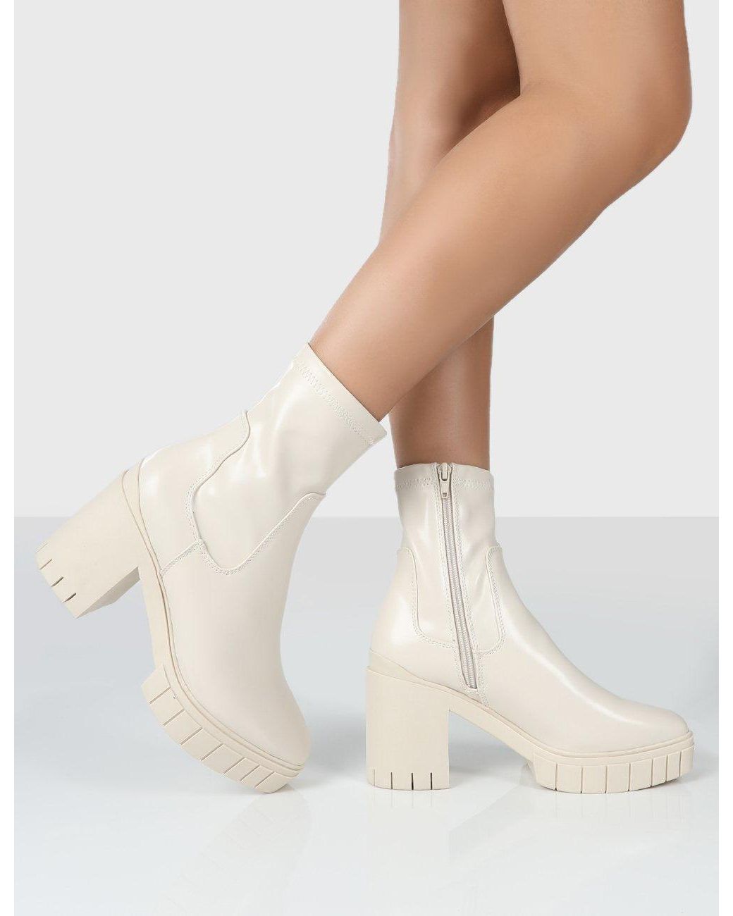 Public Desire Obstacle Ecru Chunky Heeled Ankle Boots in Natural | Lyst