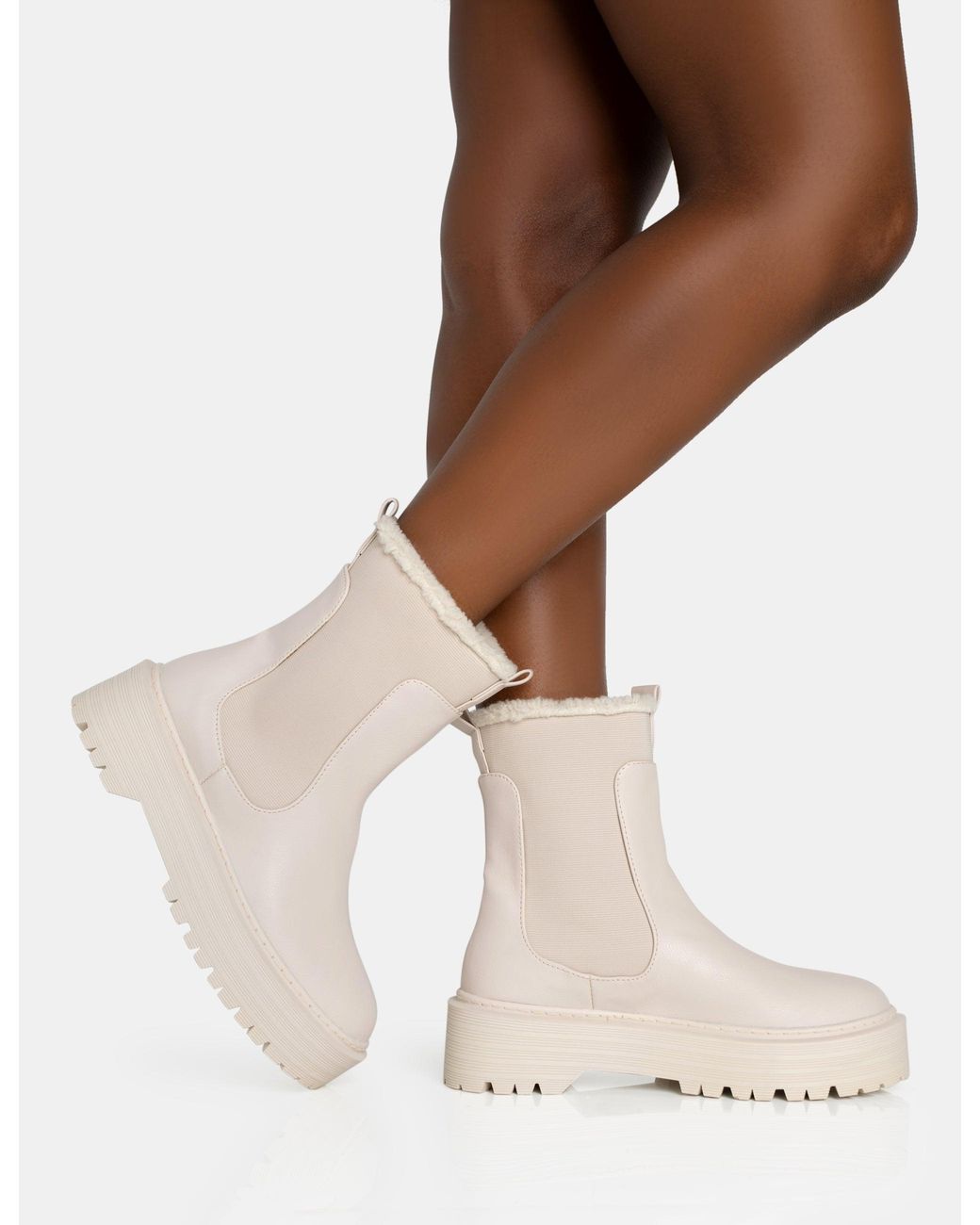 Public Desire Natural Alpine Cream Pu Faux Fur Trim Elasticated Ankle Chunky Ankle Boots