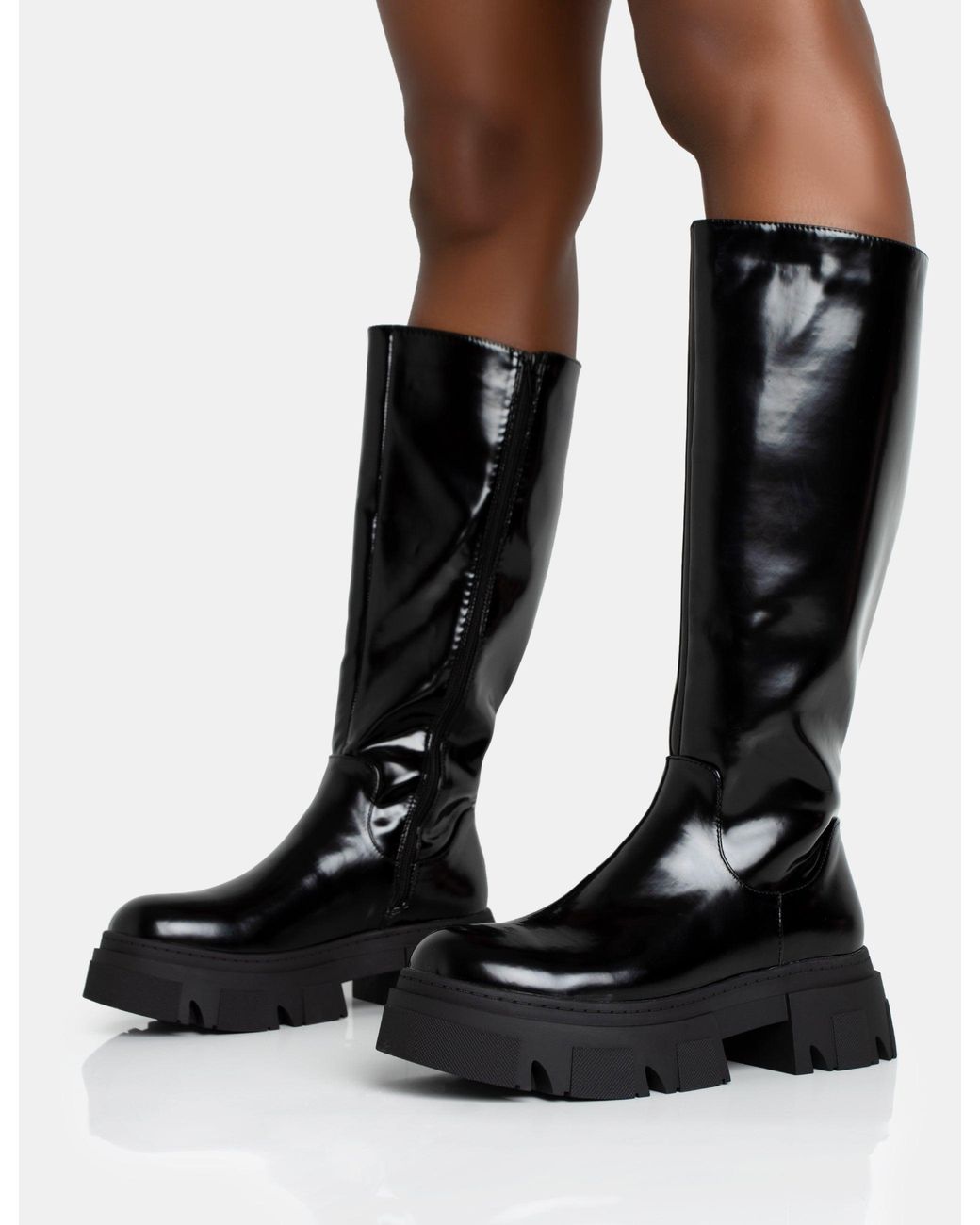 Public Desire Scorpio Black Rubberised Pu Rounded Toe Chunky Sole Knee High Boots