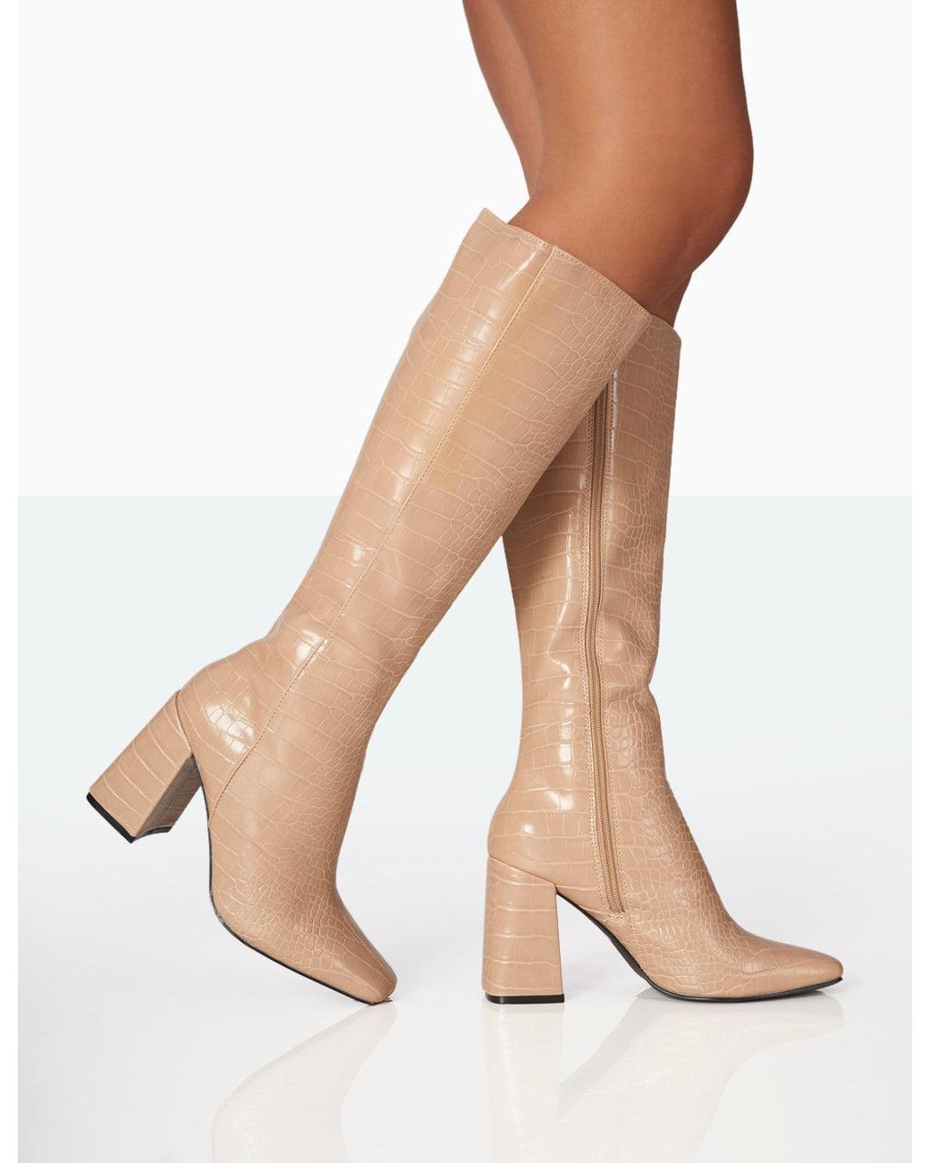 Public Desire White Apology Nude Patent Croc Knee High Block Heel Boots