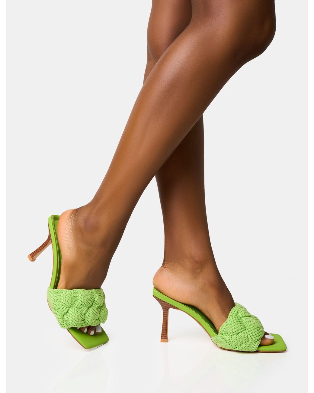 Public Desire Green Nectar Lime Wooden Stack Knitted Square Toe Heels