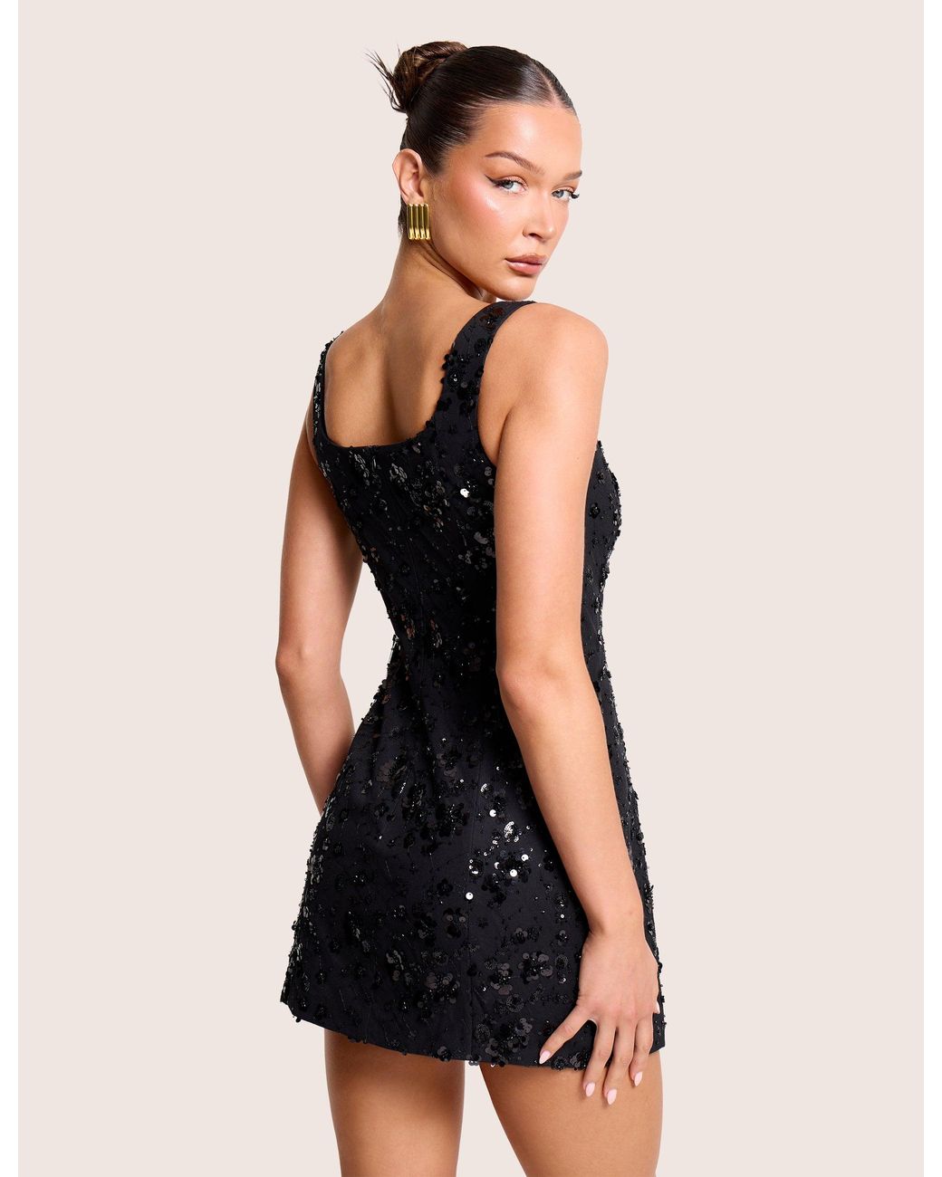 Public Desire Embellished Floral Sequin Square Neck Mini Dress Black