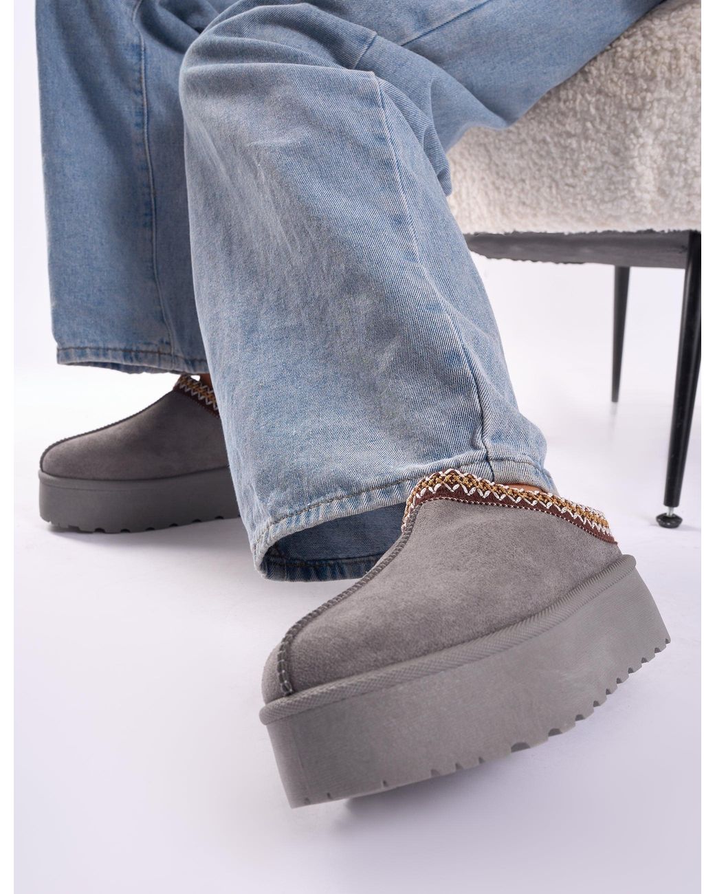 Public Desire Blue Nutmeg Grey Faux Fur Lined Platform Mules