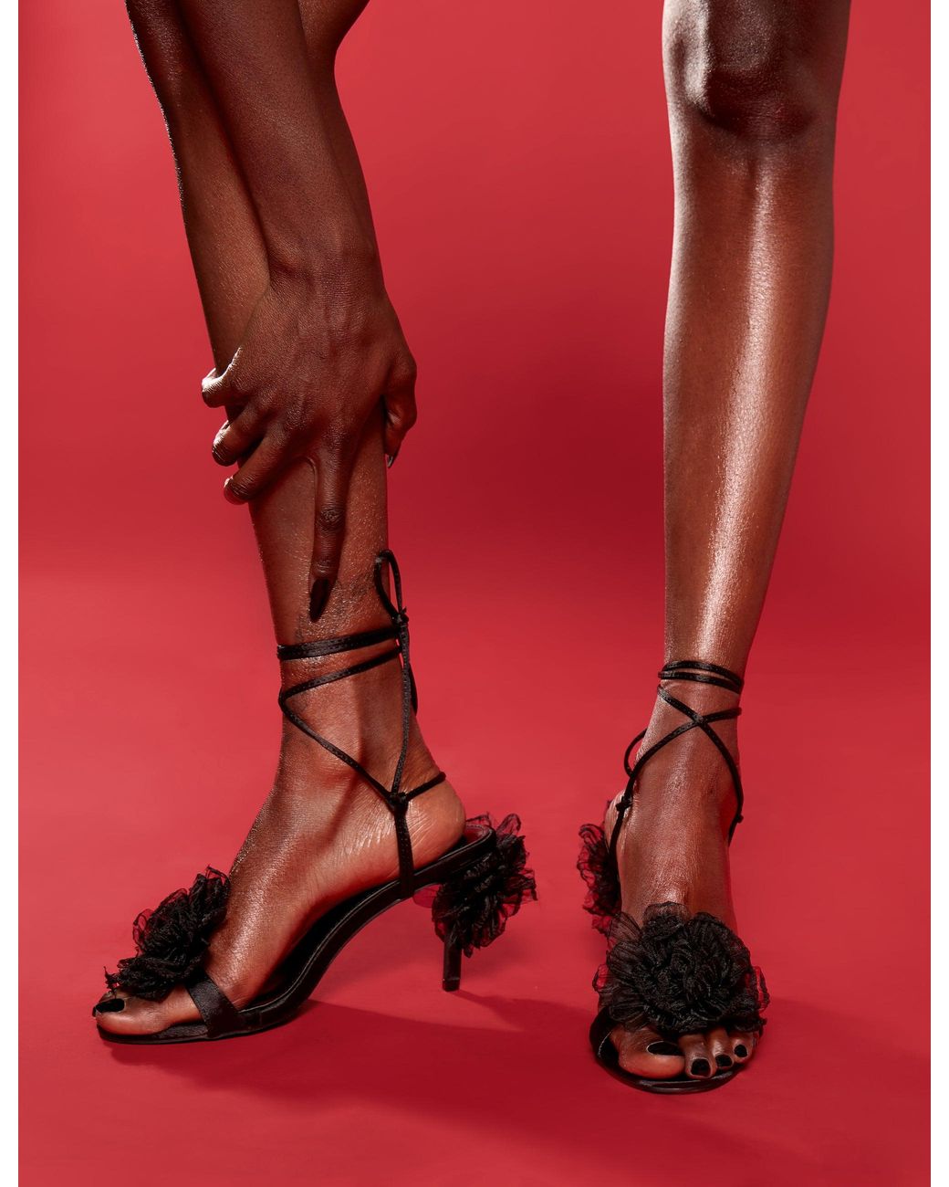 Public Desire Natural Classy Black Ruffle Flower Detail Mid Heels