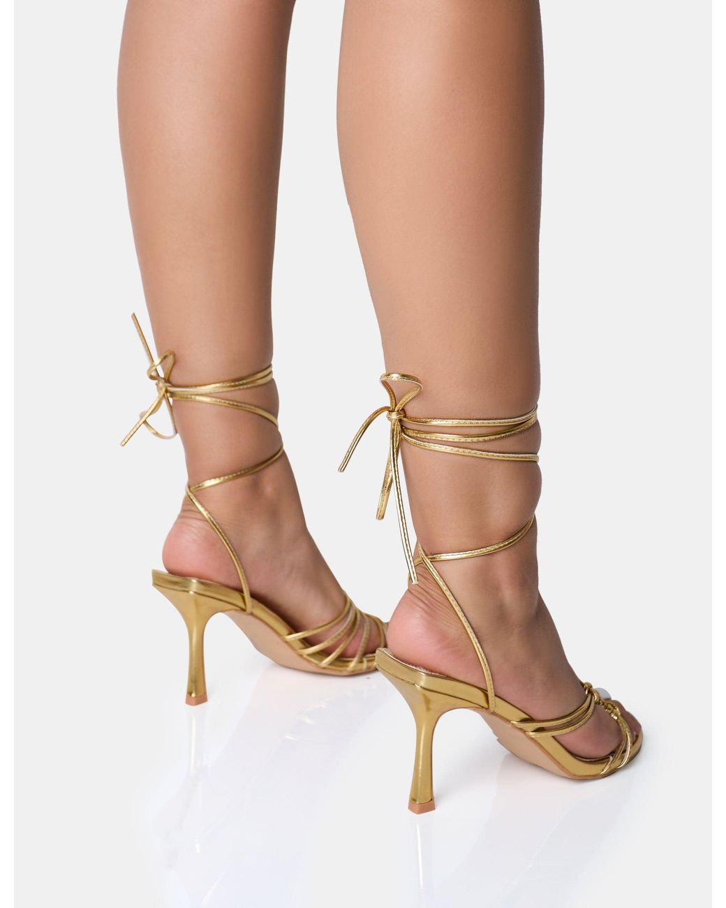 Public Desire Brown Oceania Gold Strappy Side Knot Lace Up Mid Heels