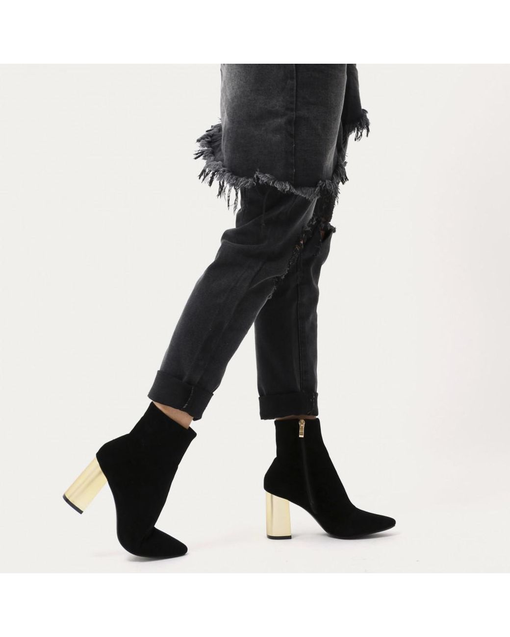 Public Desire Orla Metallic Gold Heel Ankle Boots In Black Faux Suede