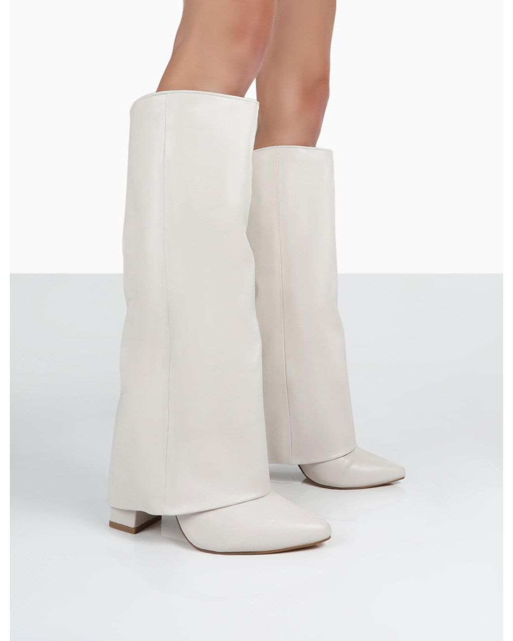Public Desire Zendaya Ecru Pointed Toe Knee High Block Boots in White | Lyst