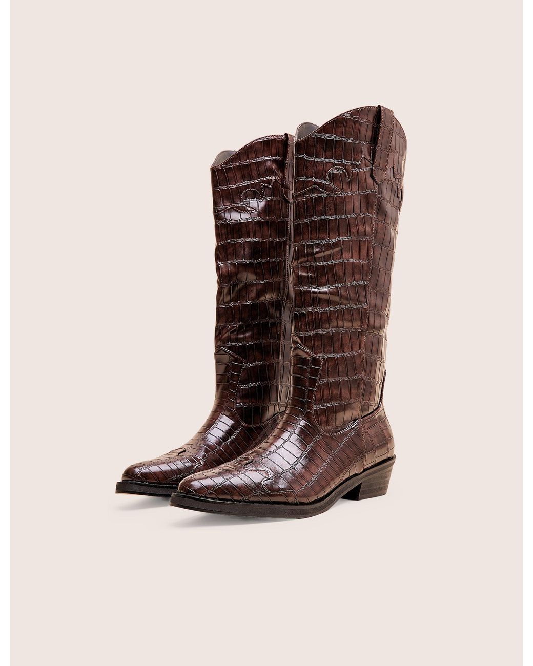 Public Desire Multicolor Apollo Brown Croc Flat Western Knee High Boots
