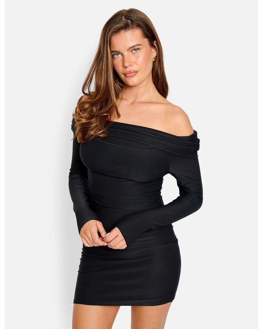 Public Desire Red Off The Shoulder Luxe Slinky Mini Dress Black