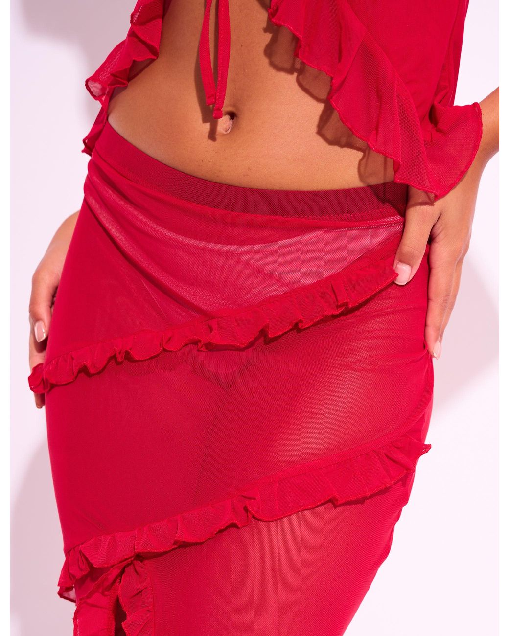 Public Desire Frill Detail Mesh Slit Maxi Skirt Co-ord Red