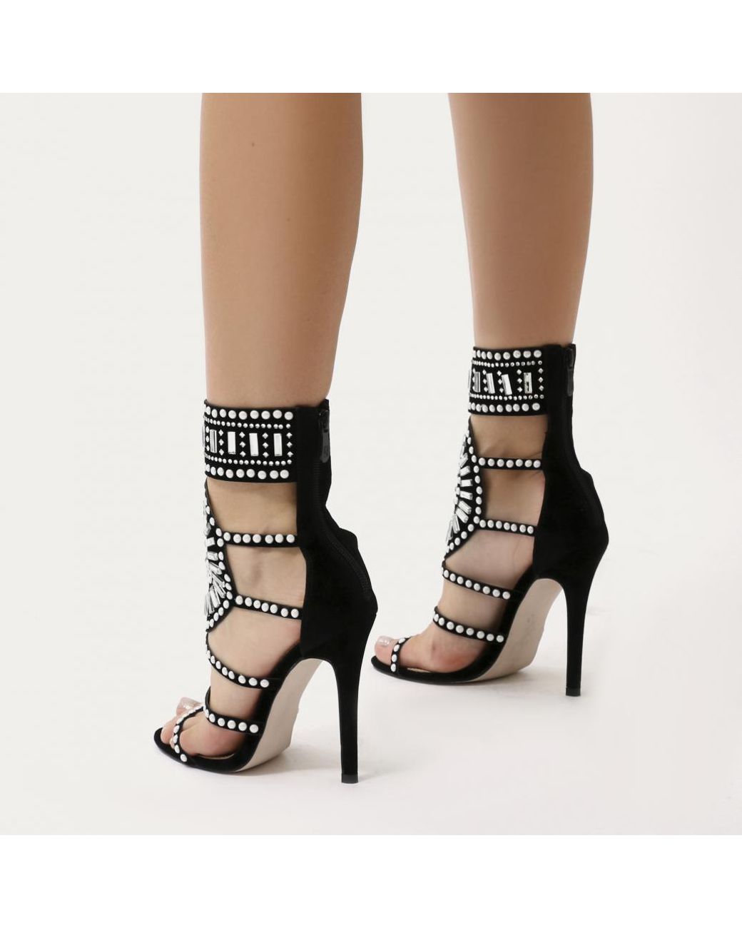 Public Desire Cleopatra Embellished Stiletto Heels In Black Faux Suede |  Lyst