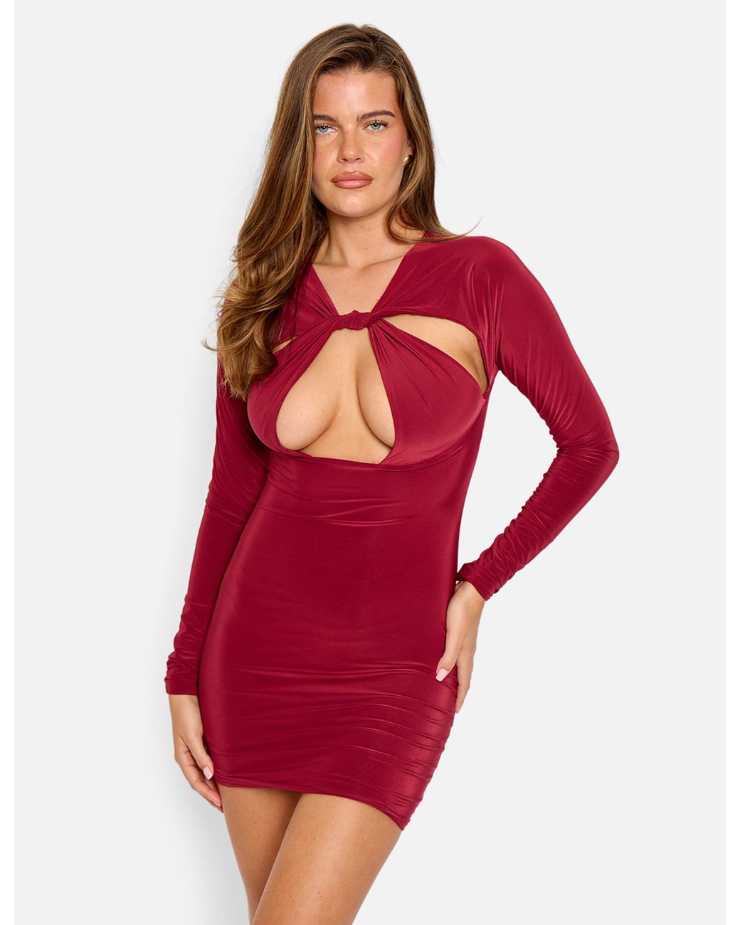 Public Desire Red Twist Detail Plunge Mini Dress Burgundy