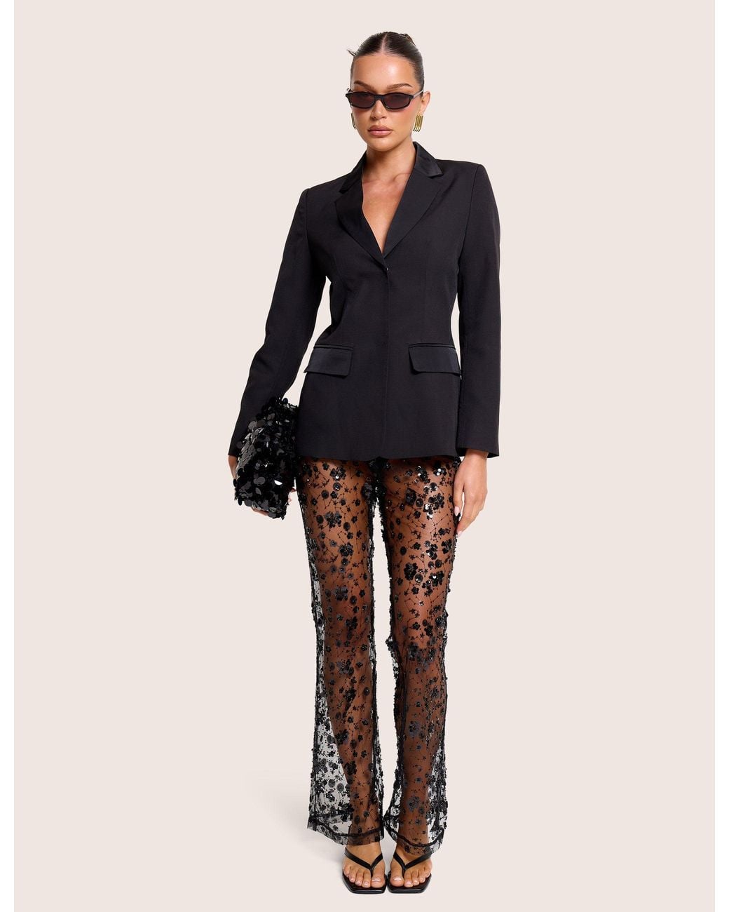 Public Desire Multicolor High Waist Sheer Sequin Embellished Flare Trousers Black