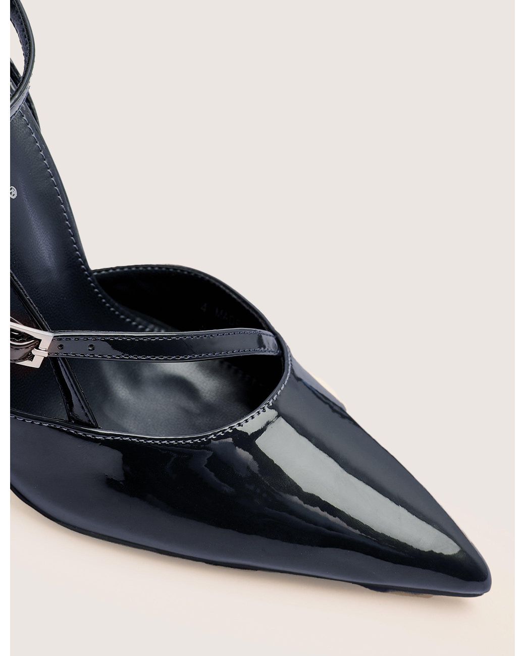 Public Desire Natural Idol Navy Patent Buckle Strappy Detail Stiletto Court High Heels
