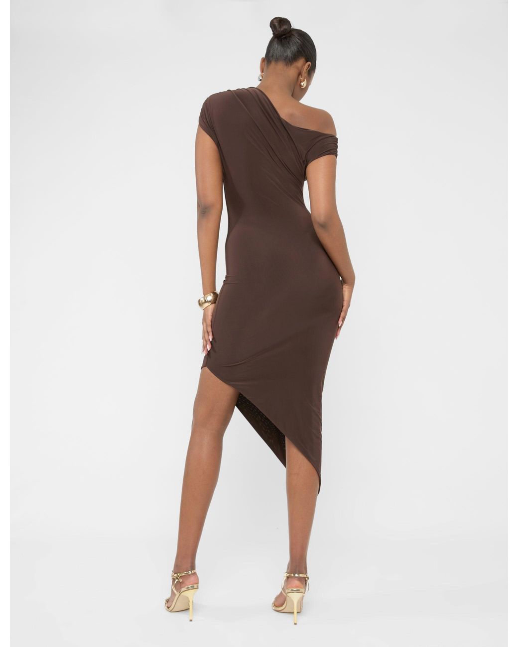 Public Desire Multicolor Asymmetric Off The Shoulder Drape Slinky Maxi Dress Chocolate