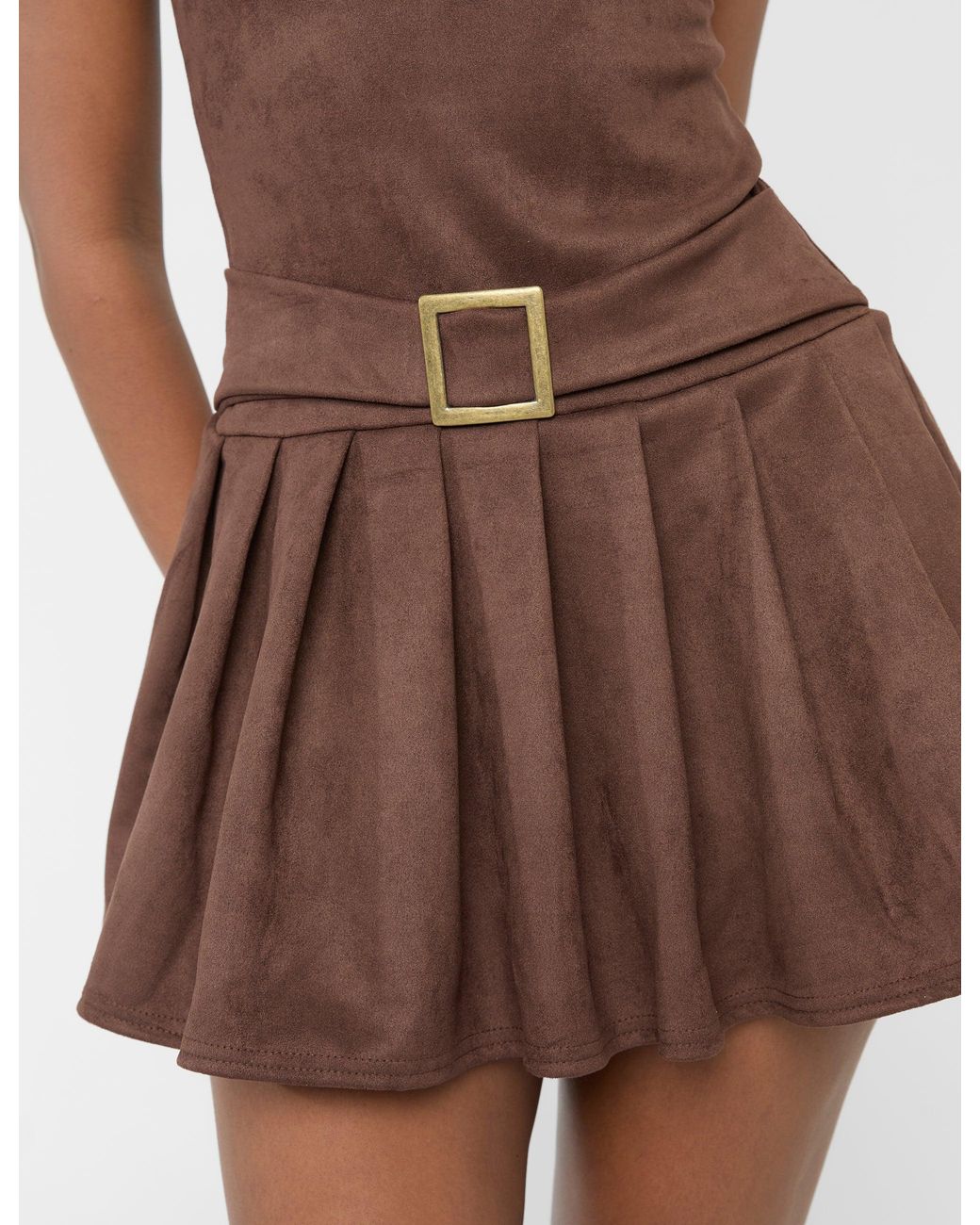 Public Desire Suedette Buckle Detail Pleated Mini Dress Brown