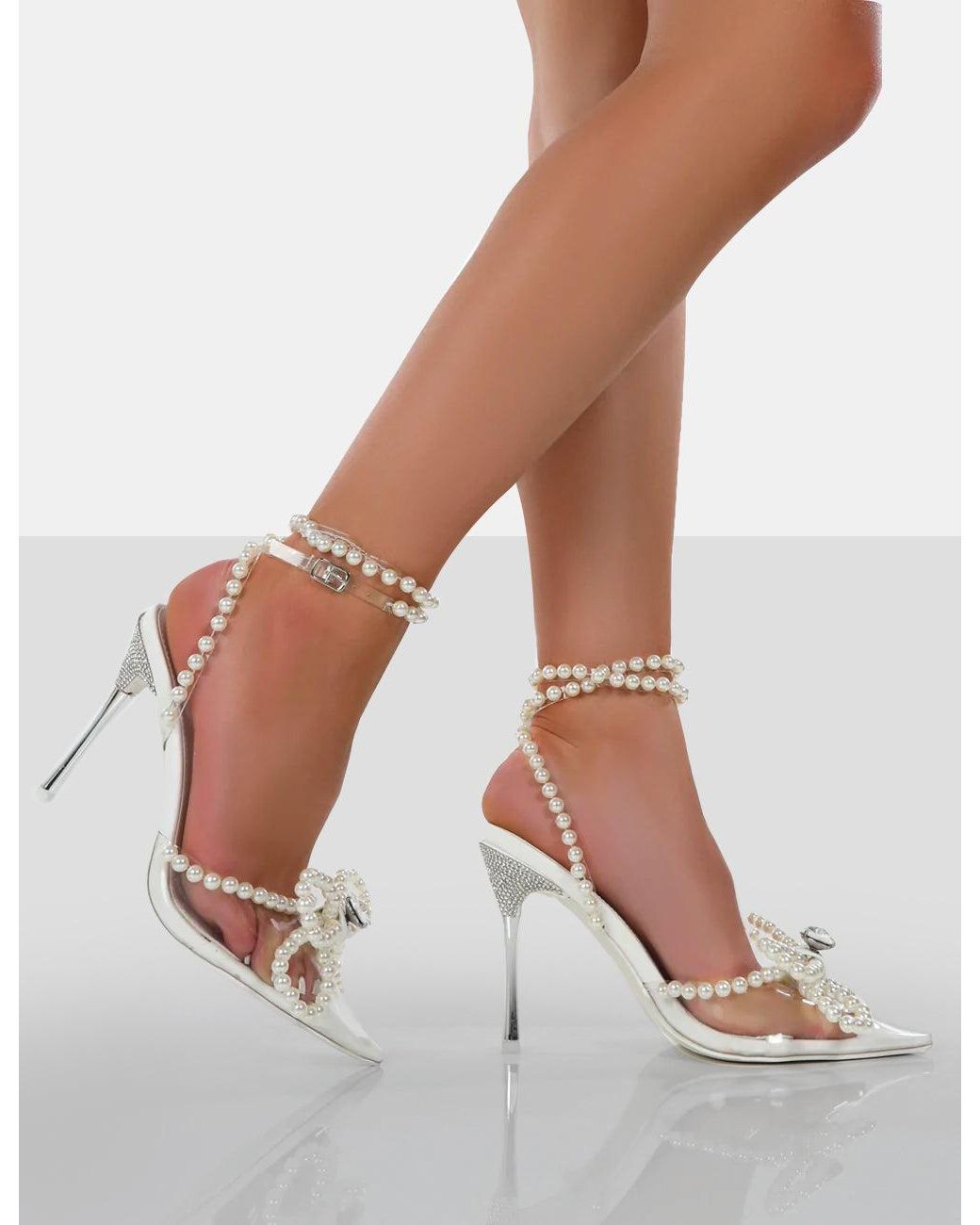 Public Desire Multicolor Pearl Bow Perspex Wrap Around Party Pointed Tow Stiletto Court Heels