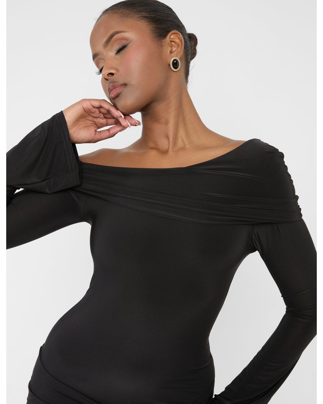 Public Desire Knot Drape Detail Slinky Long Sleeve Mini Dress Black