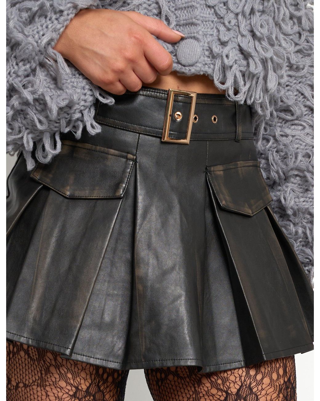 Public Desire Gray Faux Leather Belted Mini Skort Black