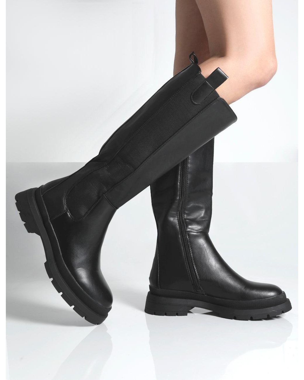 Public Desire Balya Black Pu Pointed Toe Chunky Sole Knee High Boots | Lyst