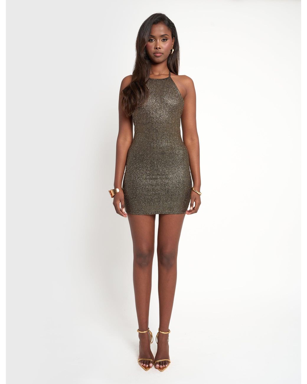 Public Desire Multicolor High Neck Cowl Back Sequin Mini Dress Black & Gold