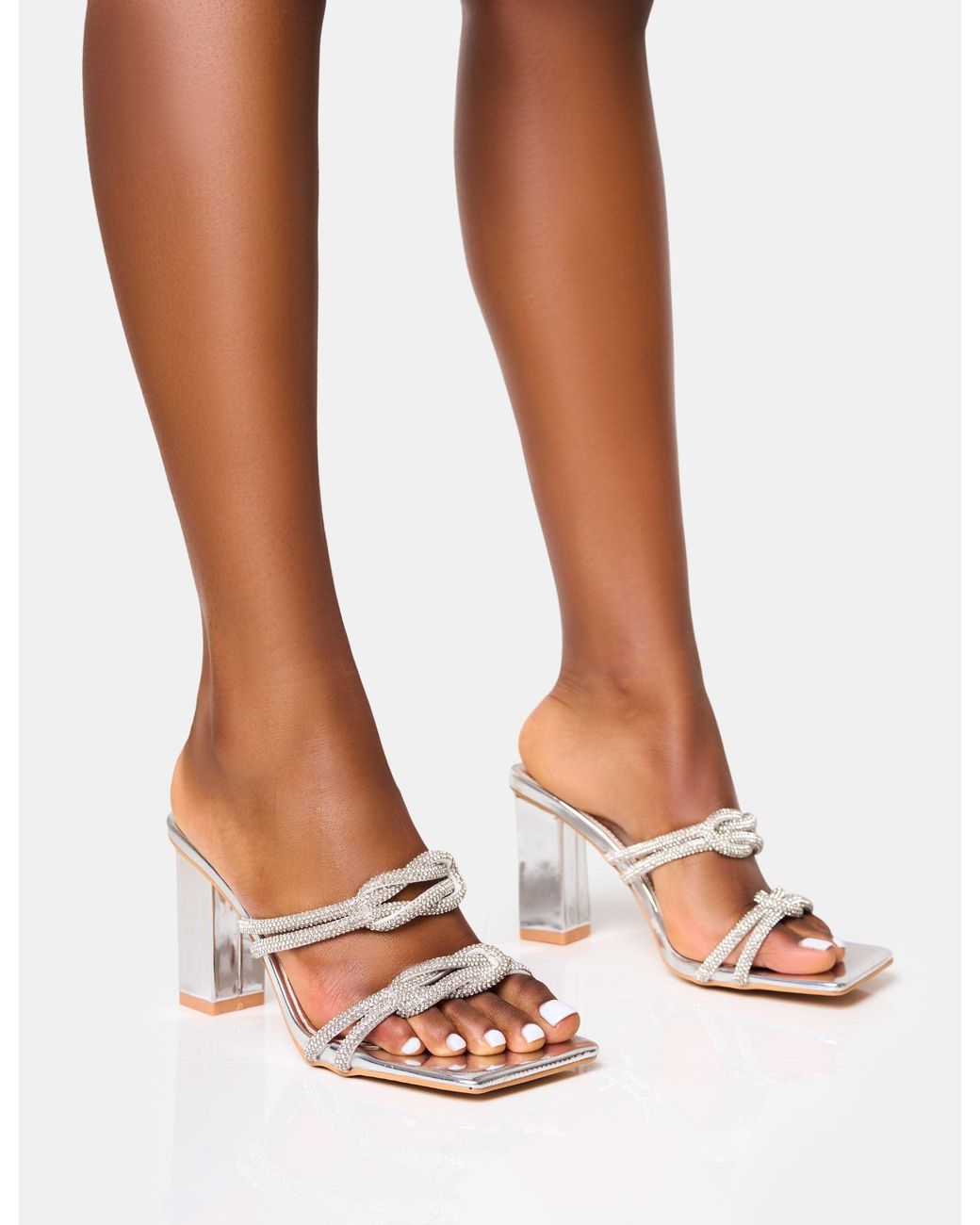Public Desire Brown Frosted Silver Diamante Knot Detail Block Heels