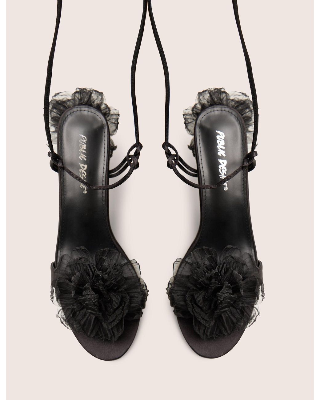 Public Desire Natural Classy Black Ruffle Flower Detail Mid Heels