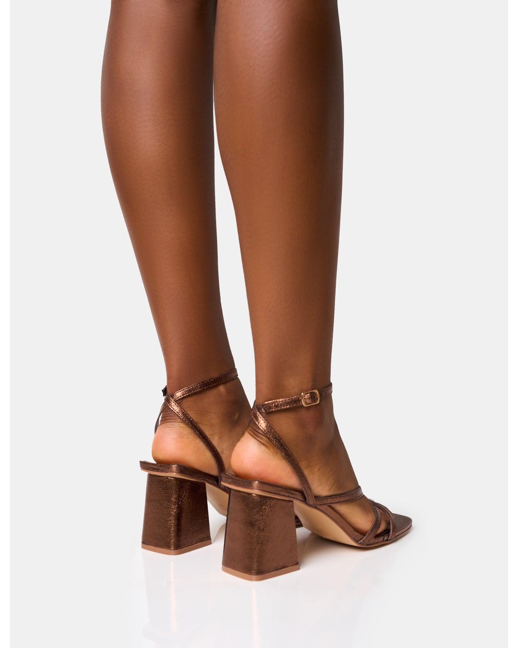 Public Desire Brown Robin Bronze Strappy Square Toe Mid Block Heels