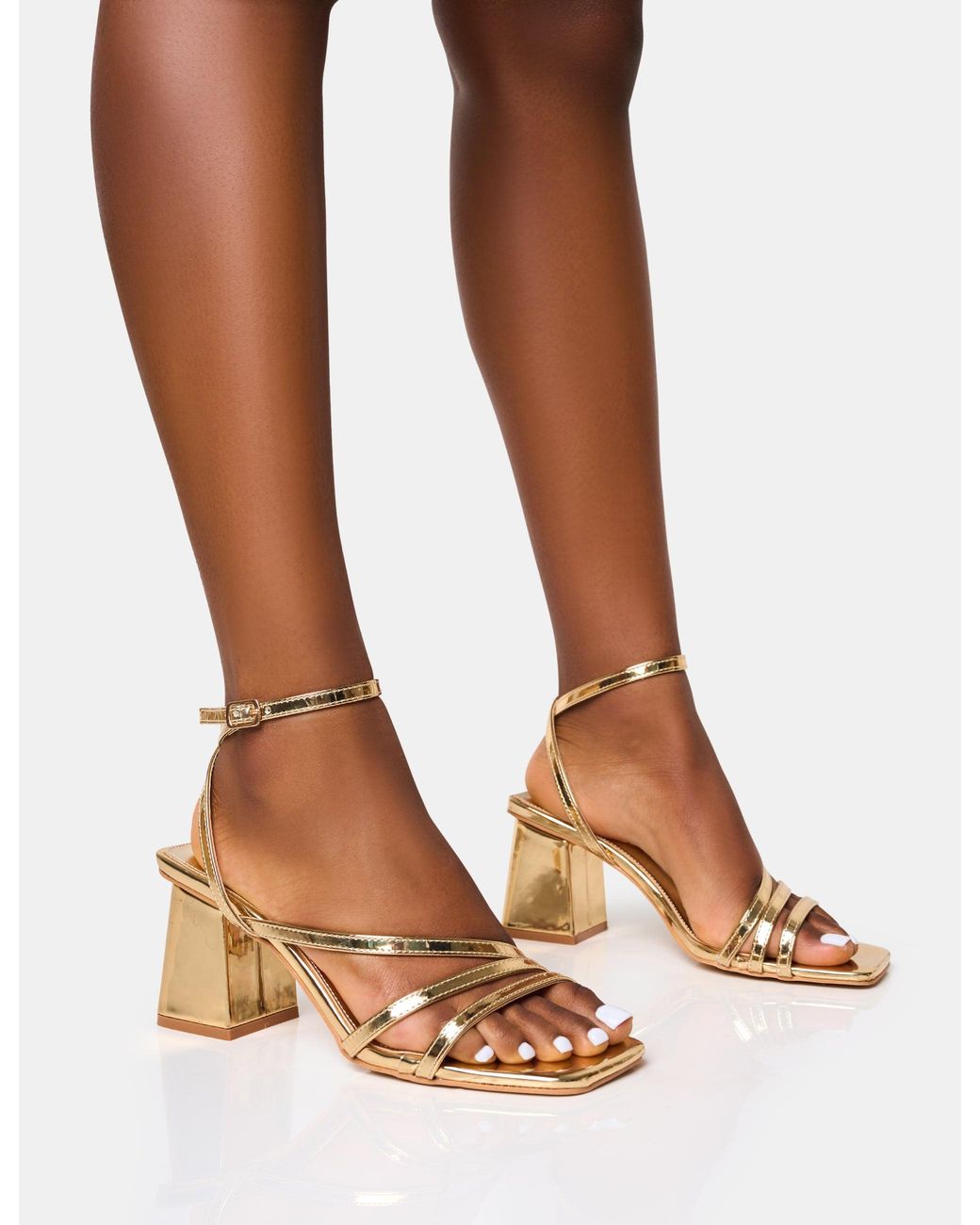 Public Desire Brown Robin Gold Strappy Square Toe Mid Block Heels