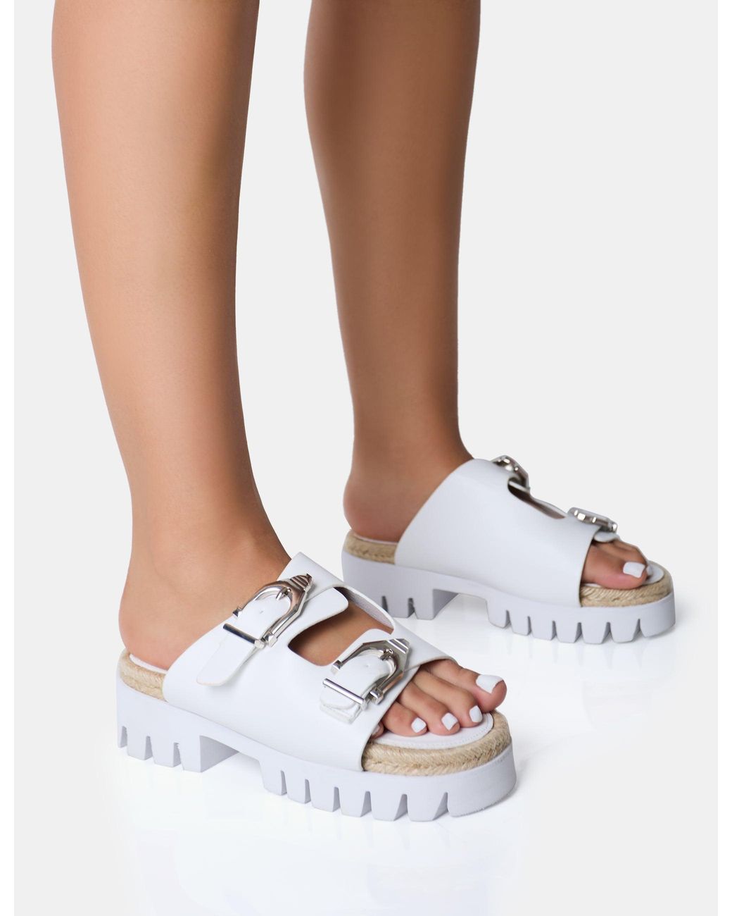 Public Desire Equinox White Chunky Jute Detail Buckle Flatform Sandals