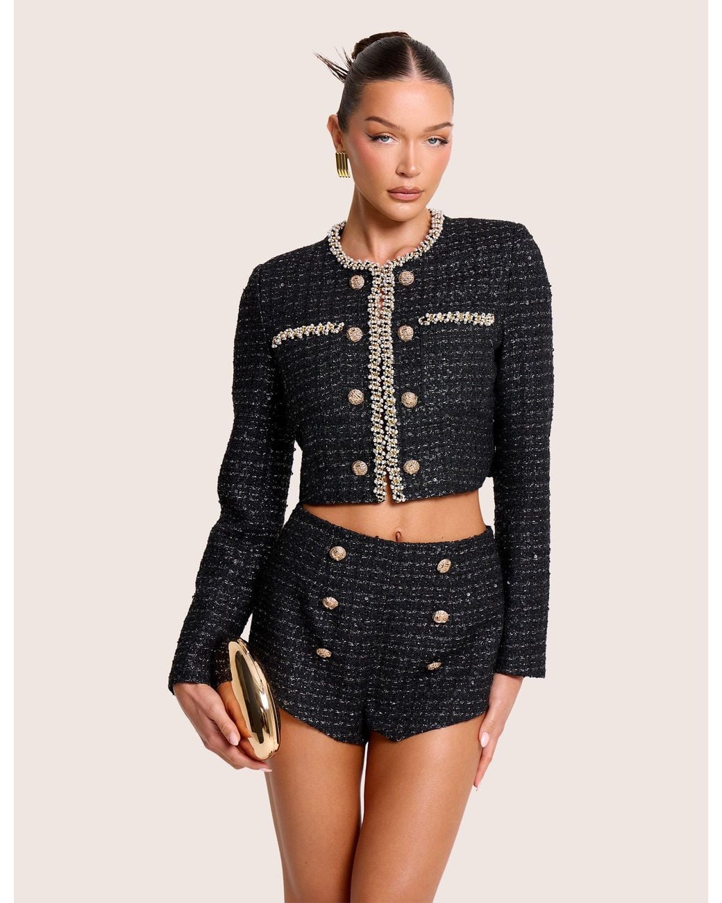 Public Desire Cropped Long Sleeve Boucle Gold Button Detail Blazer Black