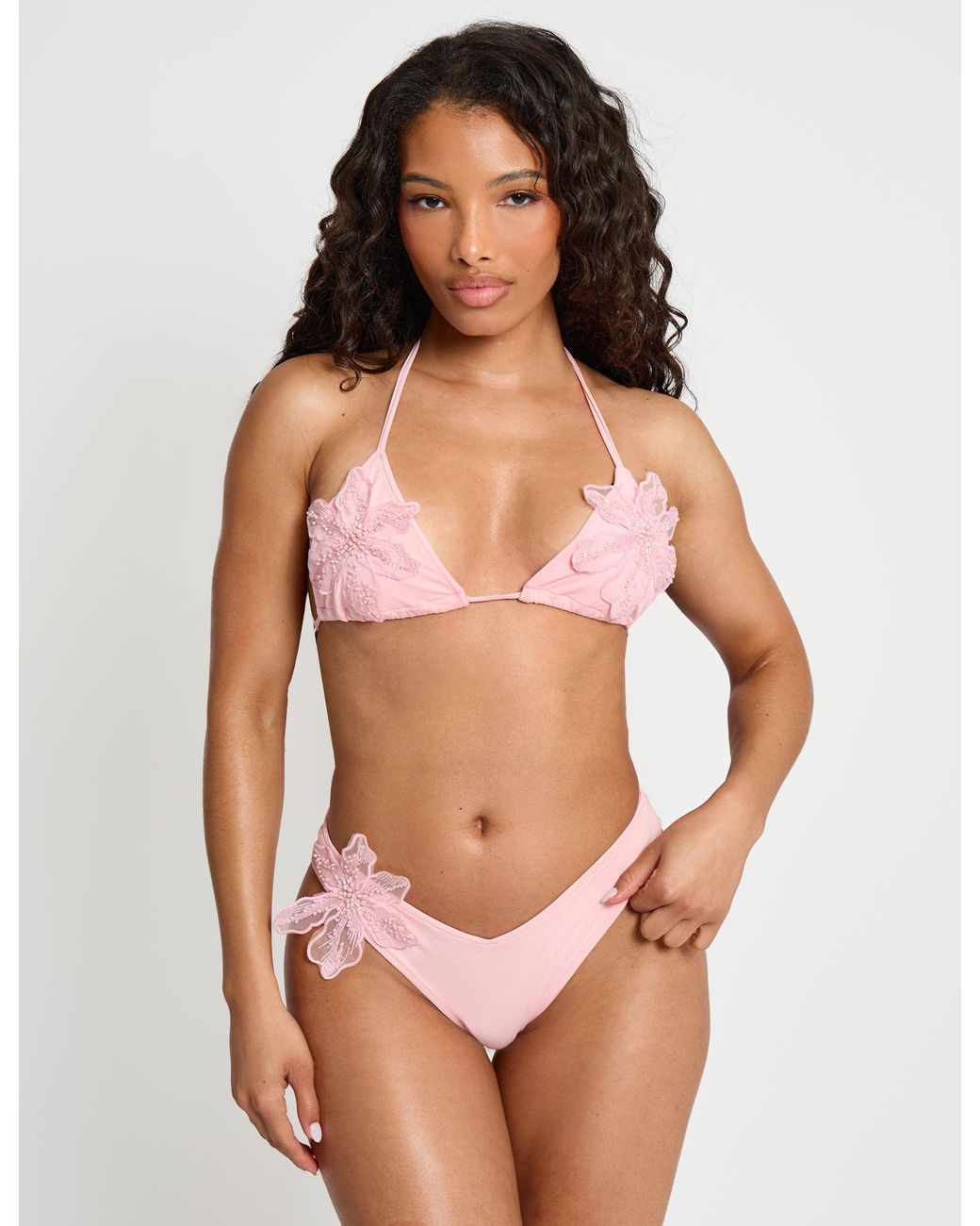 Public Desire Brown Bikini Bottoms With Floral Detail Pink