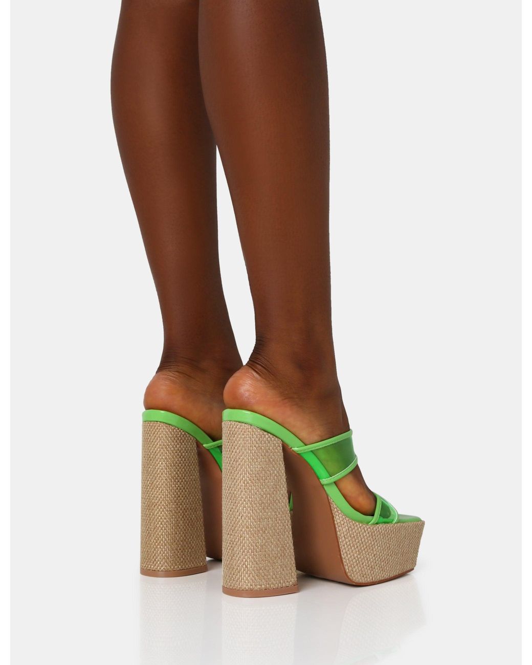 Public Desire Green Carley Neon Lime Perspex Mule Square Toe Platform Raffia Block Heels
