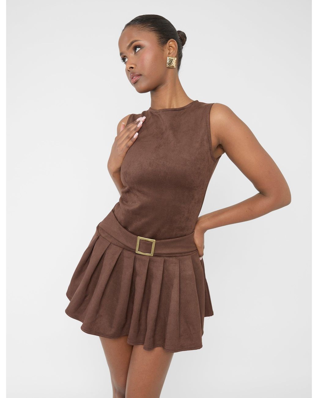 Public Desire Suedette Buckle Detail Pleated Mini Dress Brown