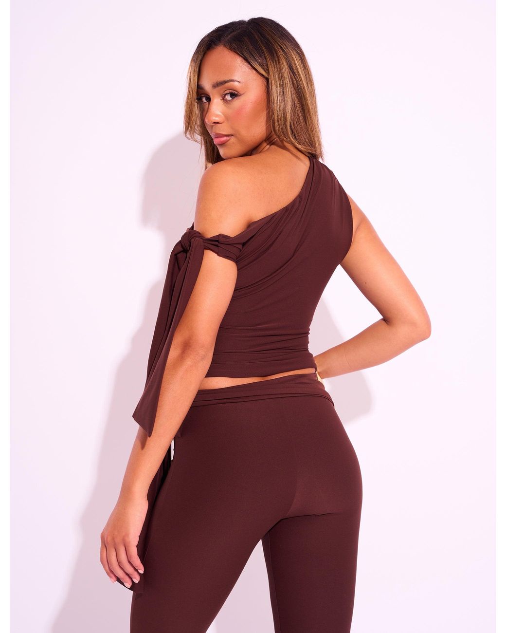 Public Desire Red Knot Detail Asymmetric One Shoulder Luxe Slinky Top Chocolate