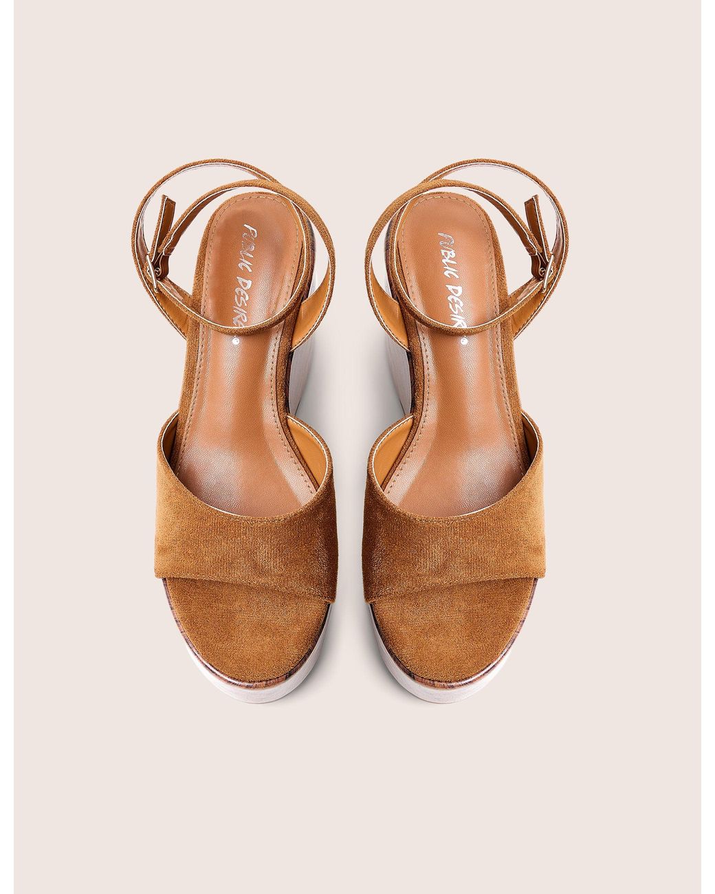 Public Desire Natural Aluna Tan Faux Suede Wooden Wedge Heels