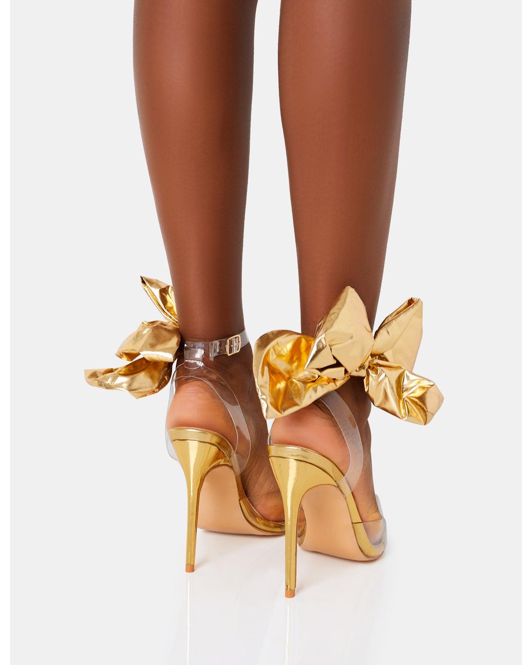Public Desire Brown Aphrodite Gold Bow Perspex Court Stilleto Heel