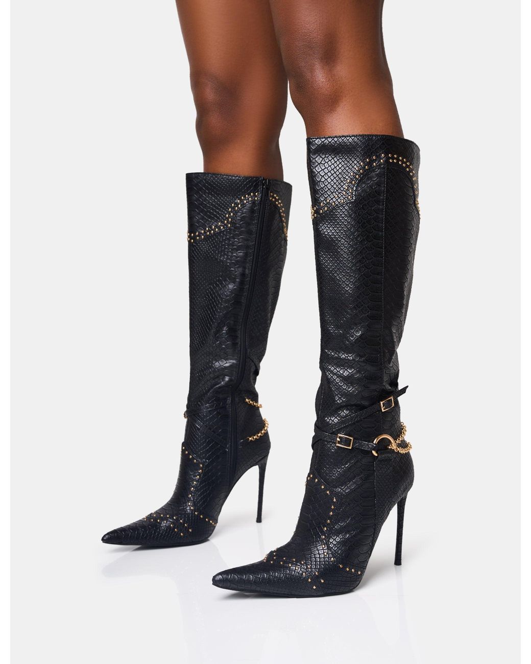 Public Desire Main Character Embellished Vintage Black Pointed Toe Stiletto Boots