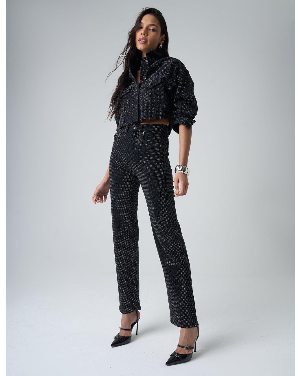 Public Desire Multicolor Diamante Straight Fit High Rise Denim Jeans Black