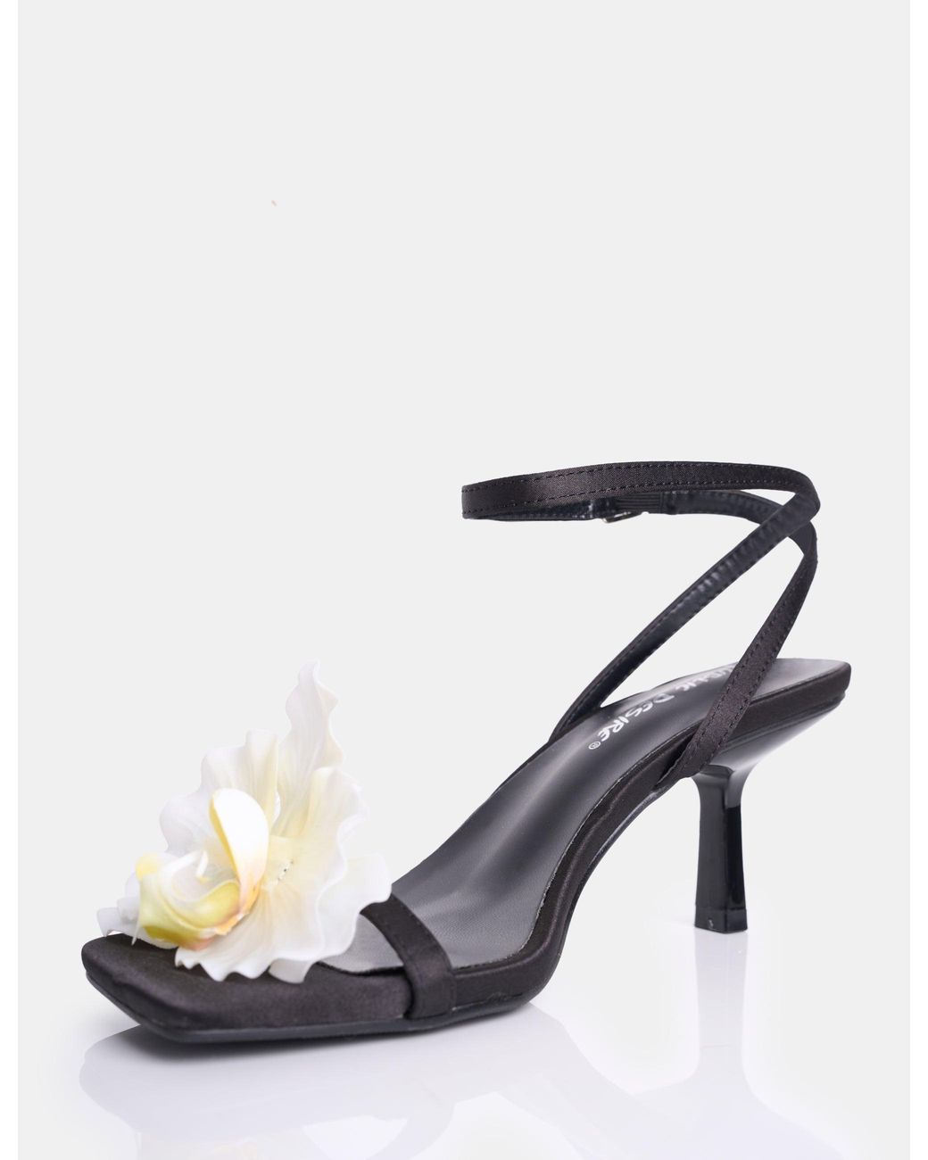 Public Desire Nara Black Satin White Orchid Flower Square Toe Stiletto Mid Heels