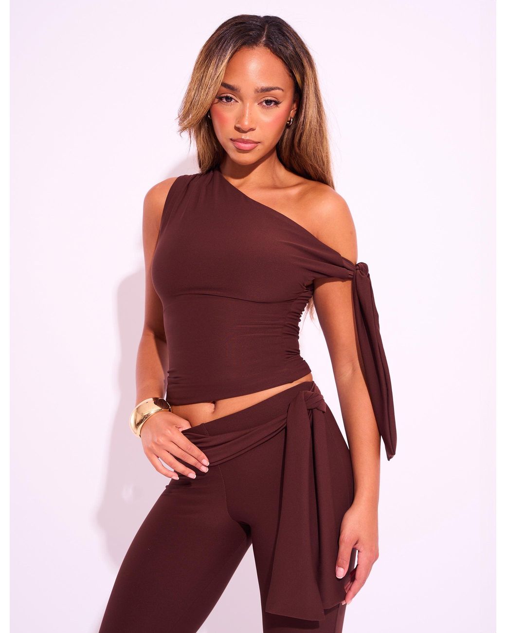 Public Desire Red Knot Detail Asymmetric One Shoulder Luxe Slinky Top Chocolate