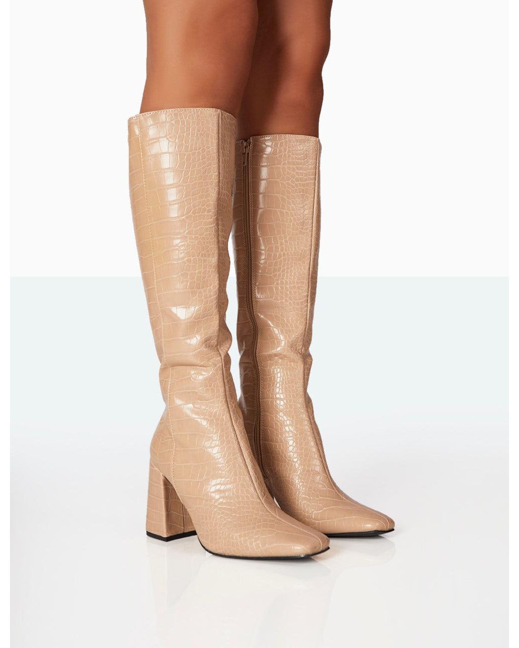 Public Desire White Apology Nude Patent Croc Knee High Block Heel Boots
