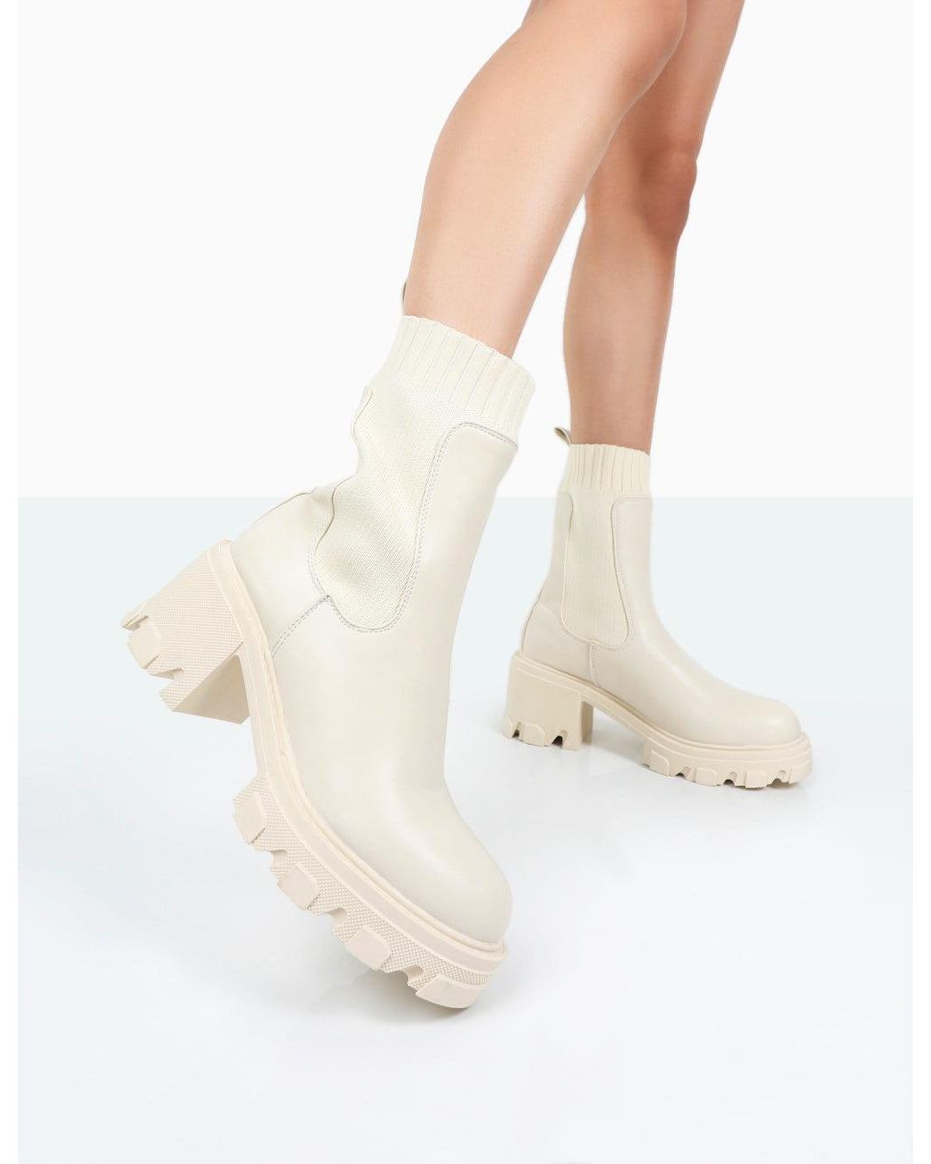 Public Desire White Everdeen Ecru Pu And Knit Chunky Heeled Platform Sock Ankle Boots