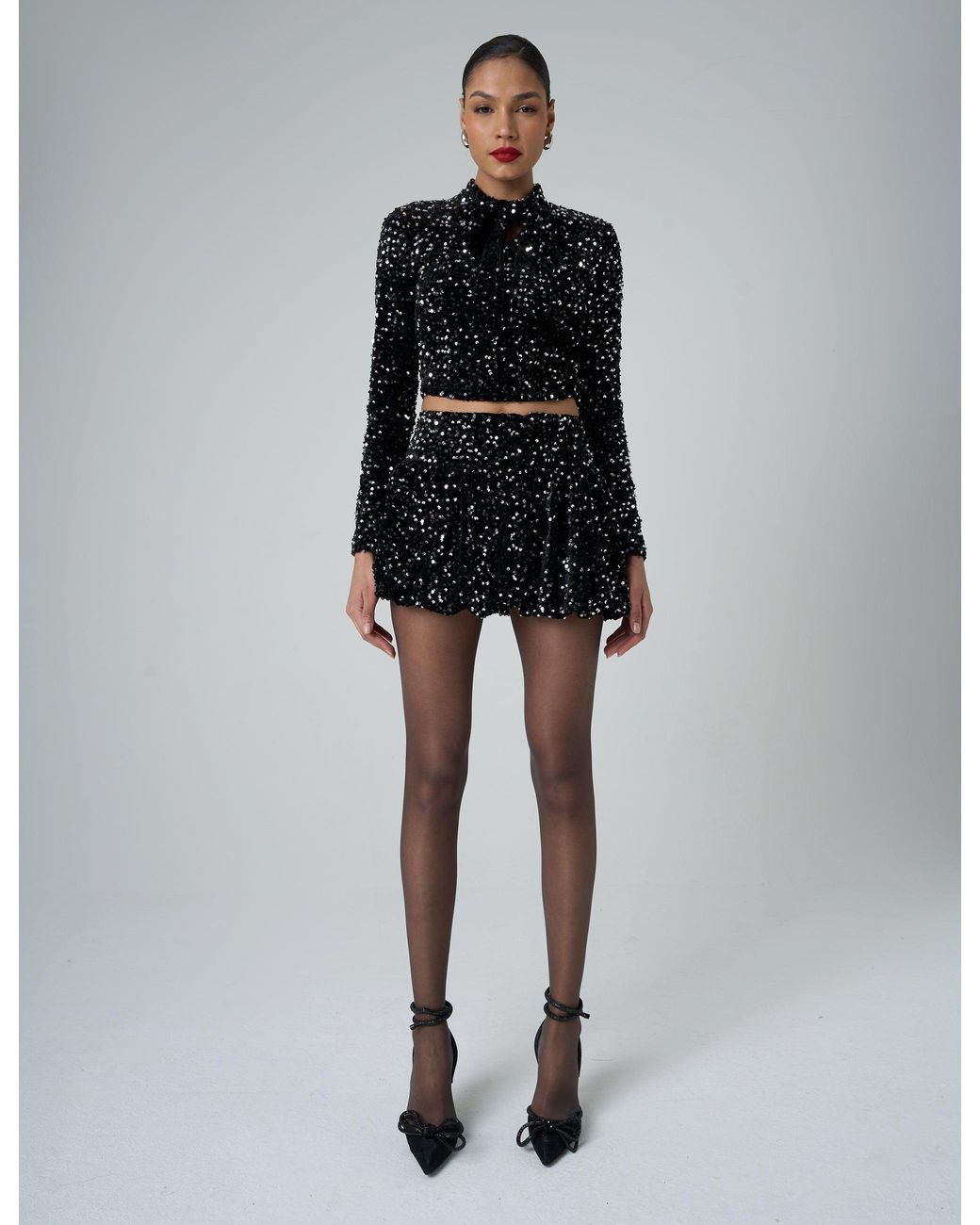 Public Desire Bow Detail Sequin Long Sleeve Cropped Top Black