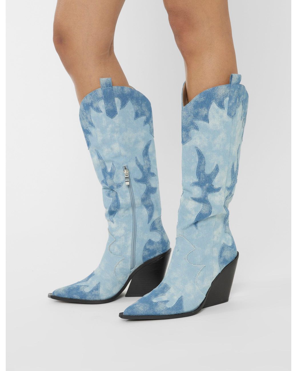 Public Desire Blue Underwood Mixed Denim Western Cowboy Block Heel Knee High Boots