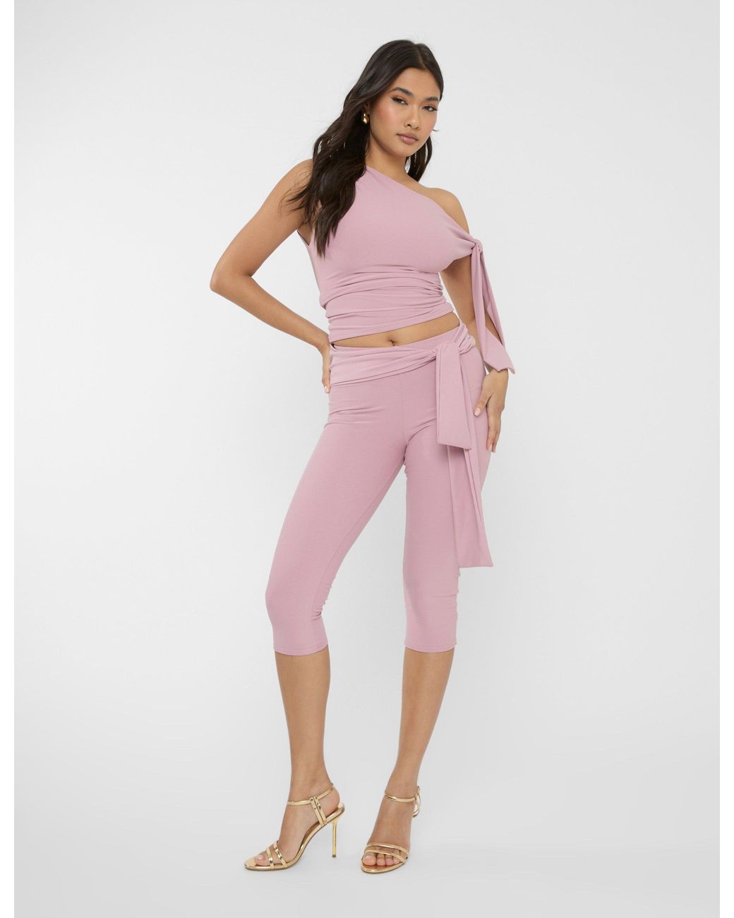 Public Desire Pink Knot Detail Tie Side Luxe Slinky Capri Pants Mauve