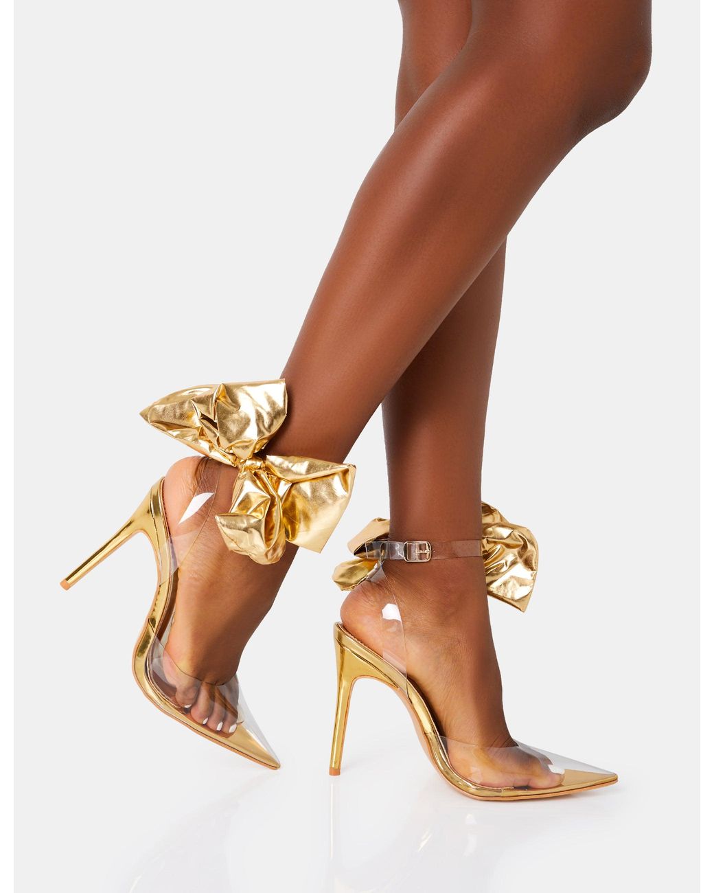 Public Desire Brown Aphrodite Gold Bow Perspex Court Stilleto Heel