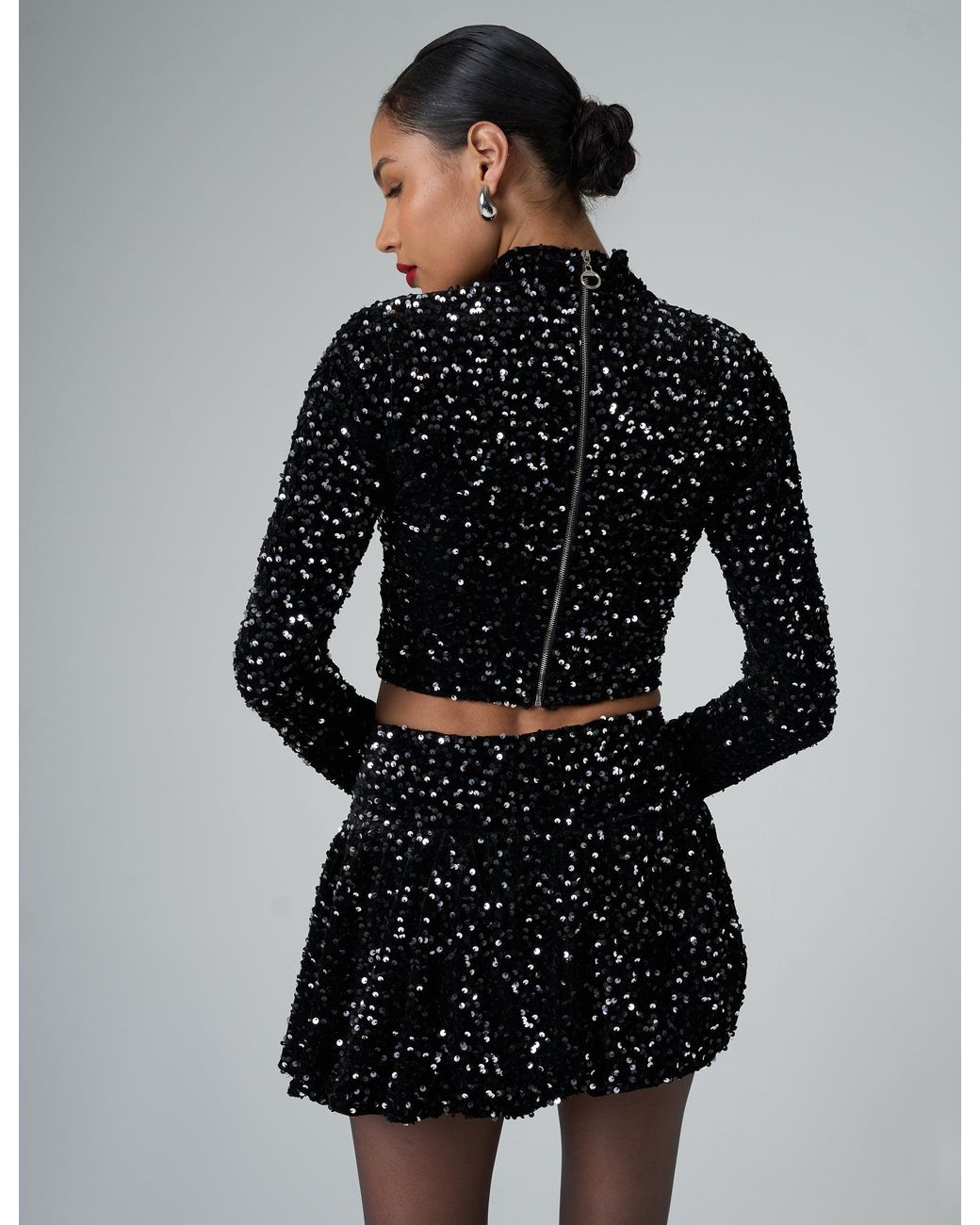 Public Desire Bow Detail Sequin Long Sleeve Cropped Top Black